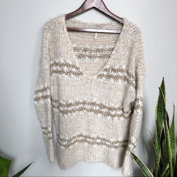 Free People Sweaters - Free People V-Neck Sweater Fuzzy Knit Striped Med